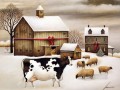 ganado vacuno y ovino en el pueblo de nieve